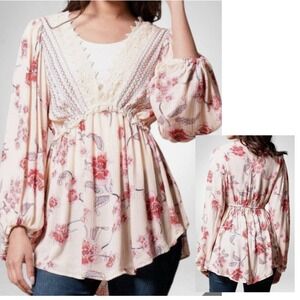 Angie Womens Floral Lace Trim V-Neck Boho Peasant Top Cream Pink 1X
